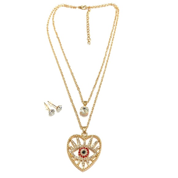 Evil Eye Layered Necklace Earrings Set Gold Tone Red Rhinestones - Picture 1 of 3